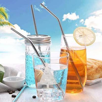 Reusable BPA-Free Metal, Thick, Long, Dishwasher Safe Stainless Steel Drinking Straws, 8.5 Inches (2 Bend and 2 Straight and 1 Cleaning Brushes) (1 Set)