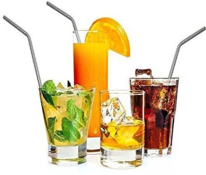 Reusable BPA-Free Metal, Thick, Long, Dishwasher Safe Stainless Steel Drinking Straws, 8.5 Inches (2 Bend and 2 Straight and 1 Cleaning Brushes) (1 Set)