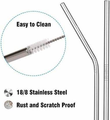 Reusable BPA-Free Metal, Thick, Long, Dishwasher Safe Stainless Steel Drinking Straws, 8.5 Inches (2 Bend and 2 Straight and 1 Cleaning Brushes) (1 Set)