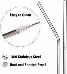 Stainless Steel Straws for Drinking with Brushes Pack of 10Pieces (4 Bent + 4 Straight + 2 Brushes), Silver with Carry Pouch