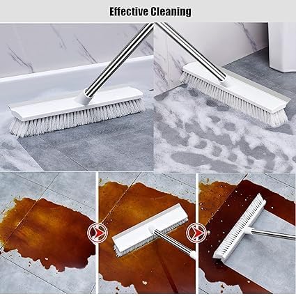 2 in 1 Floor Tiles Cleaning Brush with Wiper 120° Rotating Bathroom Kitchen Household Cleaning Squeegee Mop with Long Handle V-Shape Stiff Bristle Grout Scraper Brush (2 in 1 Brush White)