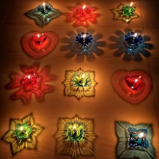 3D Reflection Diya for Diwali Decor - Sun Shape Shadow Reflective Diya's for Home Decoration - Reusable Navratri Lights - 12 Multicolor