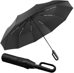 Umbrella for Men Women || Folding Umbrella With Carabiner Handle || 10 Reinforced Ribles || Windproof and Sunproof || Auto Umbrella Big Size for Men/Women/Kids (Black)