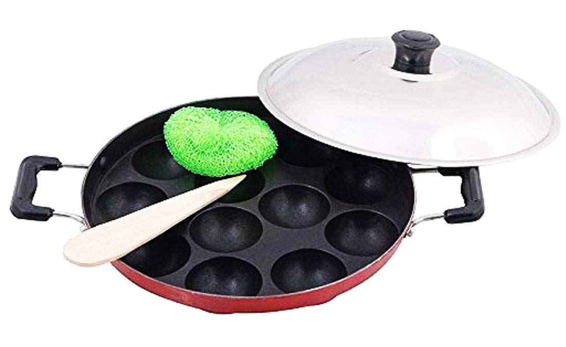 12 Cavities Non Stick Appam Patra Maker Stainless Steel Lid with Oil Brush and Scrub Paniyarrakal Paniyaram