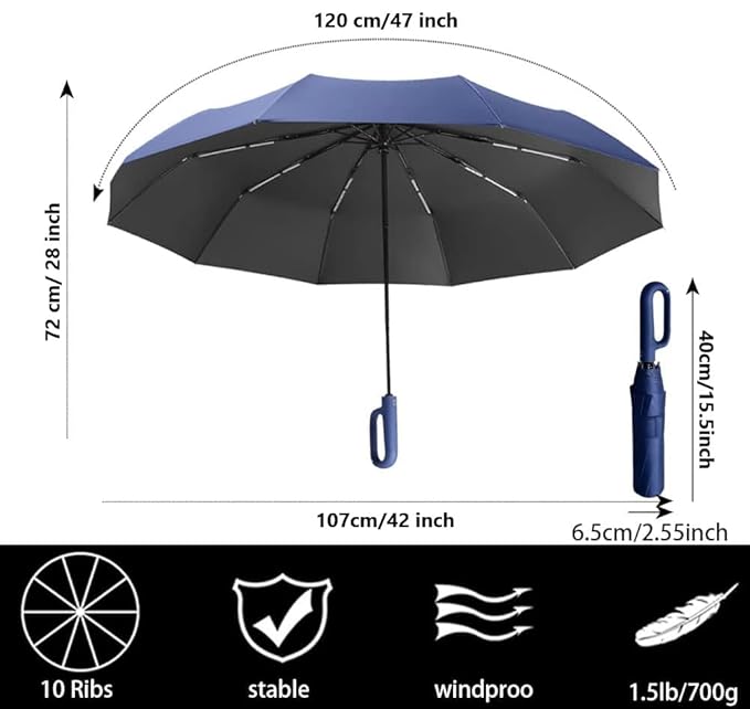 Umbrella for Men Women || Folding Umbrella With Carabiner Handle || 10 Reinforced Ribles || Windproof and Sunproof || Auto Umbrella Big Size for Men/Women/Kids (Blue)
