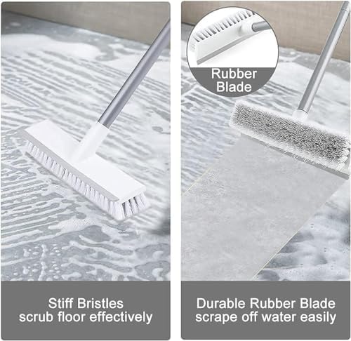 2 in 1 Floor Tiles Cleaning Brush with Wiper 120° Rotating Bathroom Kitchen Household Cleaning Squeegee Mop with Long Handle V-Shape Stiff Bristle Grout Scraper Brush (2 in 1 Brush White)