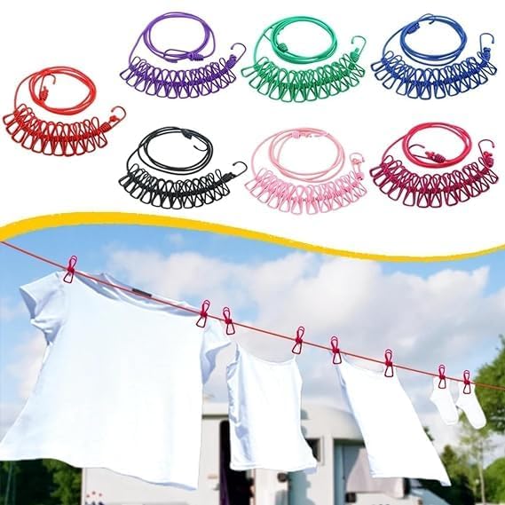 Portable Travel Clothesline, Adjustable Elastic Camping Windproof Retractable Clothes line with 12 PCS Clothespins for Outdoor and Indoor Use (1 PC)