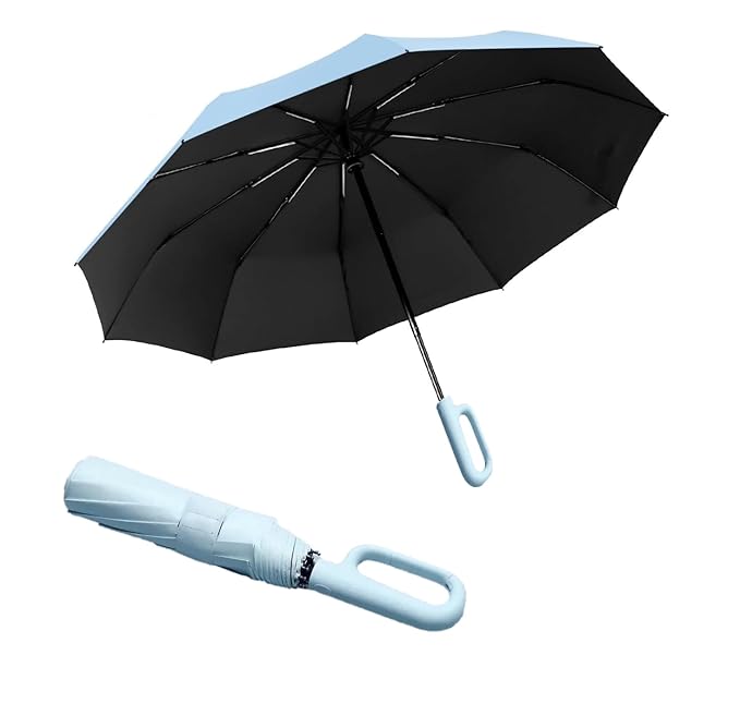 Umbrella for Men Women || Folding Umbrella With Carabiner Handle || 10 Reinforced Ribles || Windproof and Sunproof || Auto Umbrella Big Size for Men/Women/Kids (Sky)