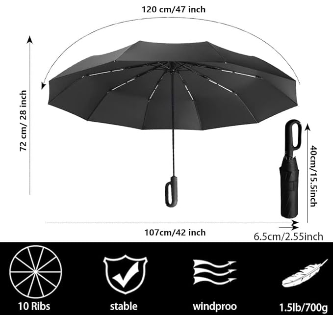 Umbrella for Men Women || Folding Umbrella With Carabiner Handle || 10 Reinforced Ribles || Windproof and Sunproof || Auto Umbrella Big Size for Men/Women/Kids (Black)