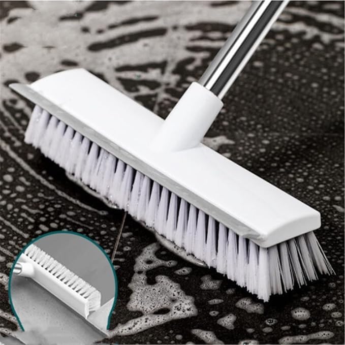 2 in 1 Floor Tiles Cleaning Brush with Wiper 120° Rotating Bathroom Kitchen Household Cleaning Squeegee Mop with Long Handle V-Shape Stiff Bristle Grout Scraper Brush (2 in 1 Brush White)