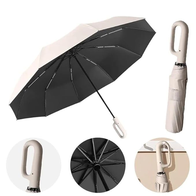 Umbrella for Men Women || Folding Umbrella With Carabiner Handle || 10 Reinforced Ribles || Windproof and Sunproof || Auto Umbrella Big Size for Men/Women/Kids (White)