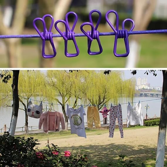 Portable Travel Clothesline, Adjustable Elastic Camping Windproof Retractable Clothes line with 12 PCS Clothespins for Outdoor and Indoor Use (1 PC)