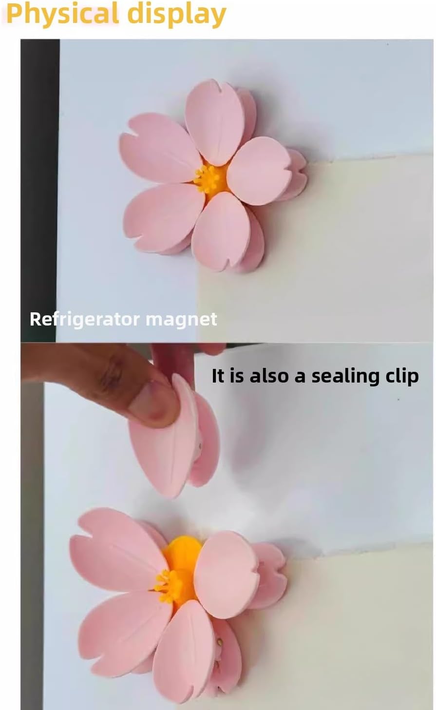 2-in-1 Sakura Food Bag Clip & Fridge Magnets, 3D Plastic Flower Snack Sealing Clip, Creative Dual Use for Kitchen, Home & Office Decor (Pink)