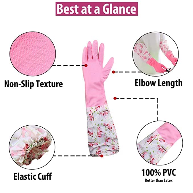 Reusable Rubber Latex PVC Flock lined Long Sleeves elbow length Hand Gloves for Kitchen Dish-Washing, Cleaning, Gardening, Laundry and Sanitation and Lab Work (Pink & Green)