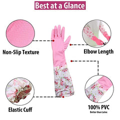 Reusable Rubber Latex PVC Flock lined Long Sleeves elbow length Hand Gloves for Kitchen Dish-Washing, Cleaning, Gardening, Laundry and Sanitation and Lab Work (Pink & Green)