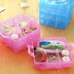 Plastic 3 Tier Stackable Adjustable 18 Compartment Slot Snap-Lock Bead Craft Jewellery Tool Organiser (Light Pink)