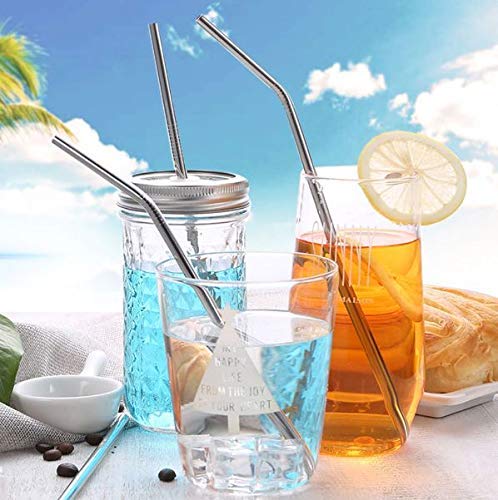 Reusable BPA-Free Metal, Thick, Long, Dishwasher Safe Stainless Steel Drinking Straws, 8.5 Inches (2 Bend and 2 Straight and 1 Cleaning Brushes) (1 Set)