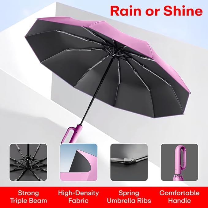 Umbrella for Men Women || Folding Umbrella With Carabiner Handle || 10 Reinforced Ribles || Windproof and Sunproof || Auto Umbrella Big Size for Men/Women/Kids (Pink)