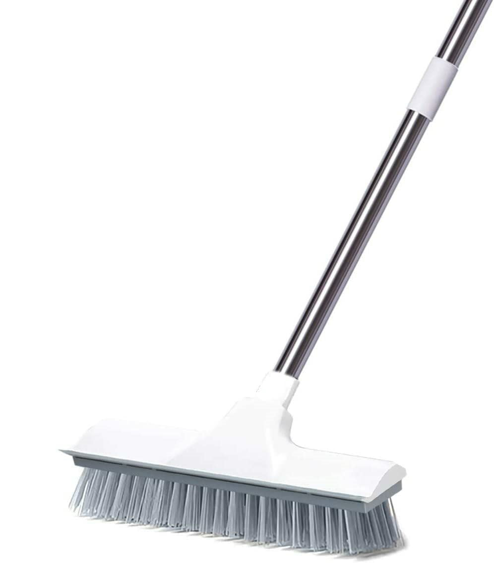 2 in 1 Floor Tiles Cleaning Brush with Wiper 120° Rotating Bathroom Kitchen Household Cleaning Squeegee Mop with Long Handle V-Shape Stiff Bristle Grout Scraper Brush (2 in 1 Brush White)