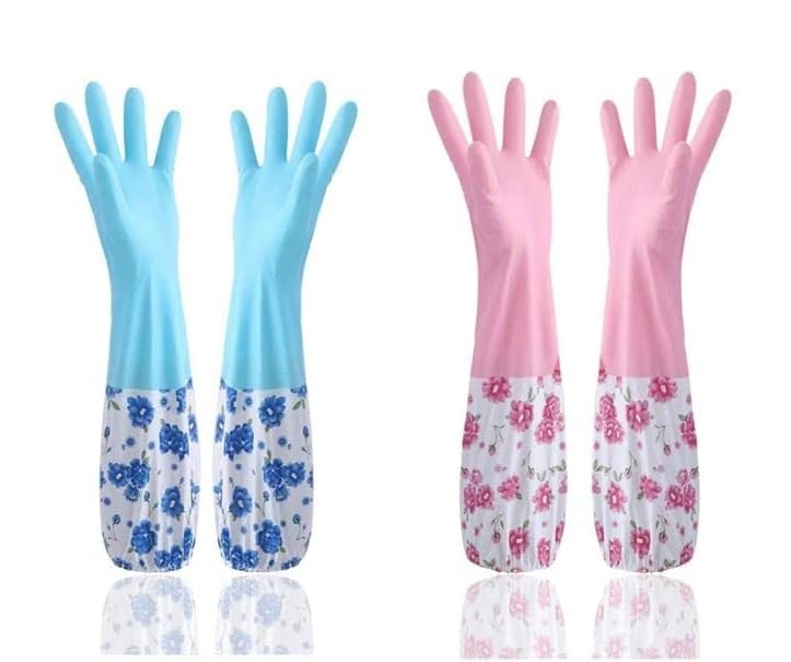Reusable Rubber Latex Pvc Flock Lined Long Elbow Hand Gloves Safety Kitchen For Dish-Washing,Cleaning,Gardening,Laundry And Sanitation And Lab Work(Blue)(Pack of 1 Pair Blue And 1 Pair Pink)