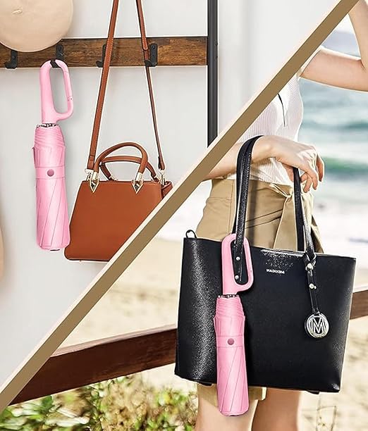 Umbrella for Men Women || Folding Umbrella With Carabiner Handle || 10 Reinforced Ribles || Windproof and Sunproof || Auto Umbrella Big Size for Men/Women/Kids (Pink)