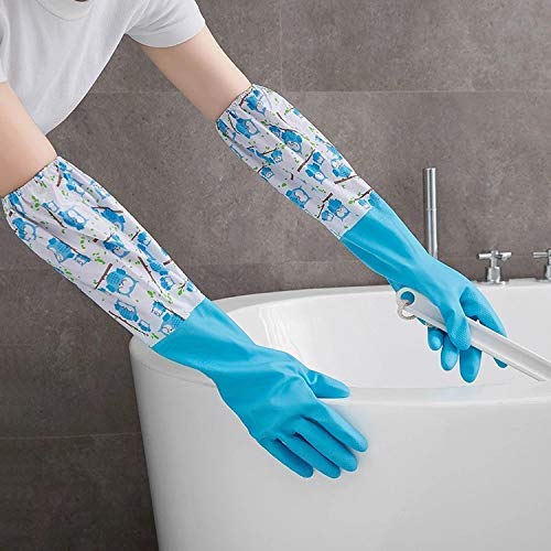 Reusable Rubber Latex PVC Flock lined Long Sleeves elbow length Hand Gloves for Kitchen Dish-Washing, Cleaning, Gardening, Laundry and Sanitation and Lab Work (Blue & red long elbow)