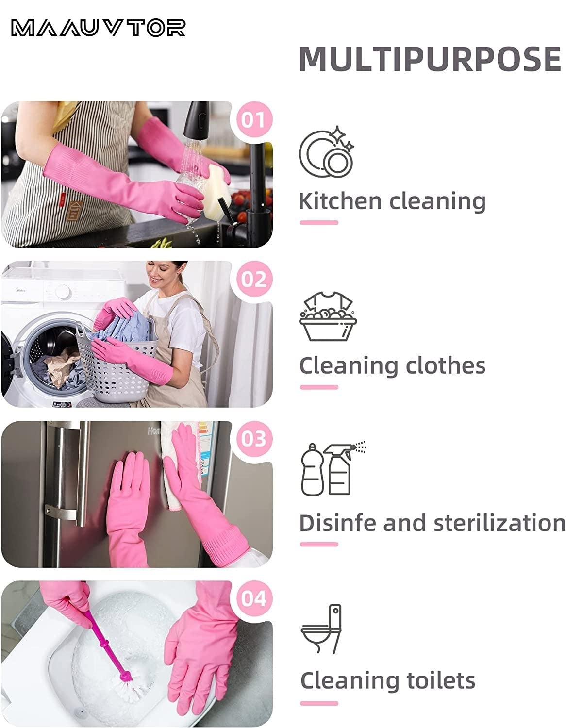 Dishwashing Cleaning Gloves Waterproof Reusable Long Elbow Hand Gloves Latex-Free Household Kitchen Gloves for Laundry, Working, Gardening, Sanitation and Lab Work (Flower Pink)