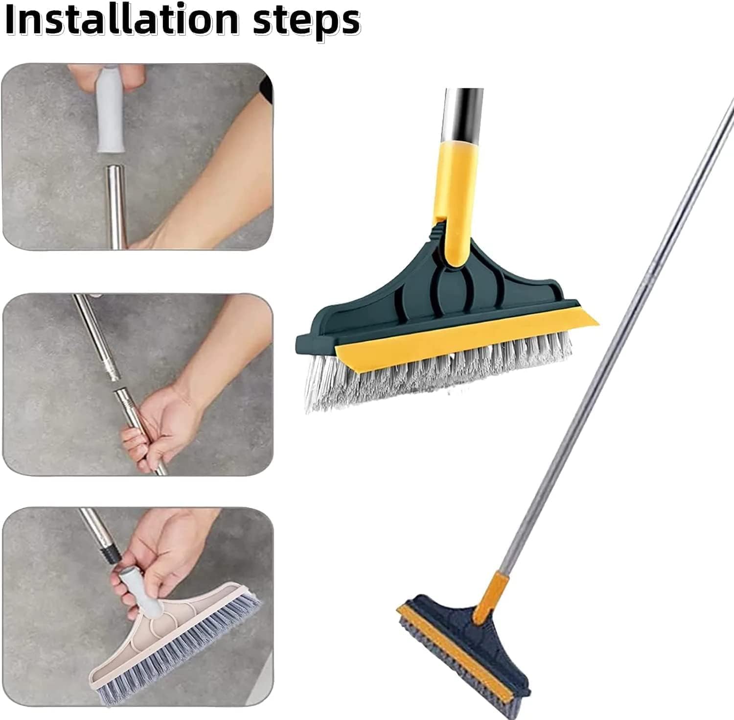 2 in 1 Floor Tiles Cleaning Brush with Wiper 120° Rotating Bathroom Kitchen Household Cleaning Squeegee Mop with Long Handle V-Shape Stiff Bristle Grout Scraper Brush (2 in 1 tile Brush)