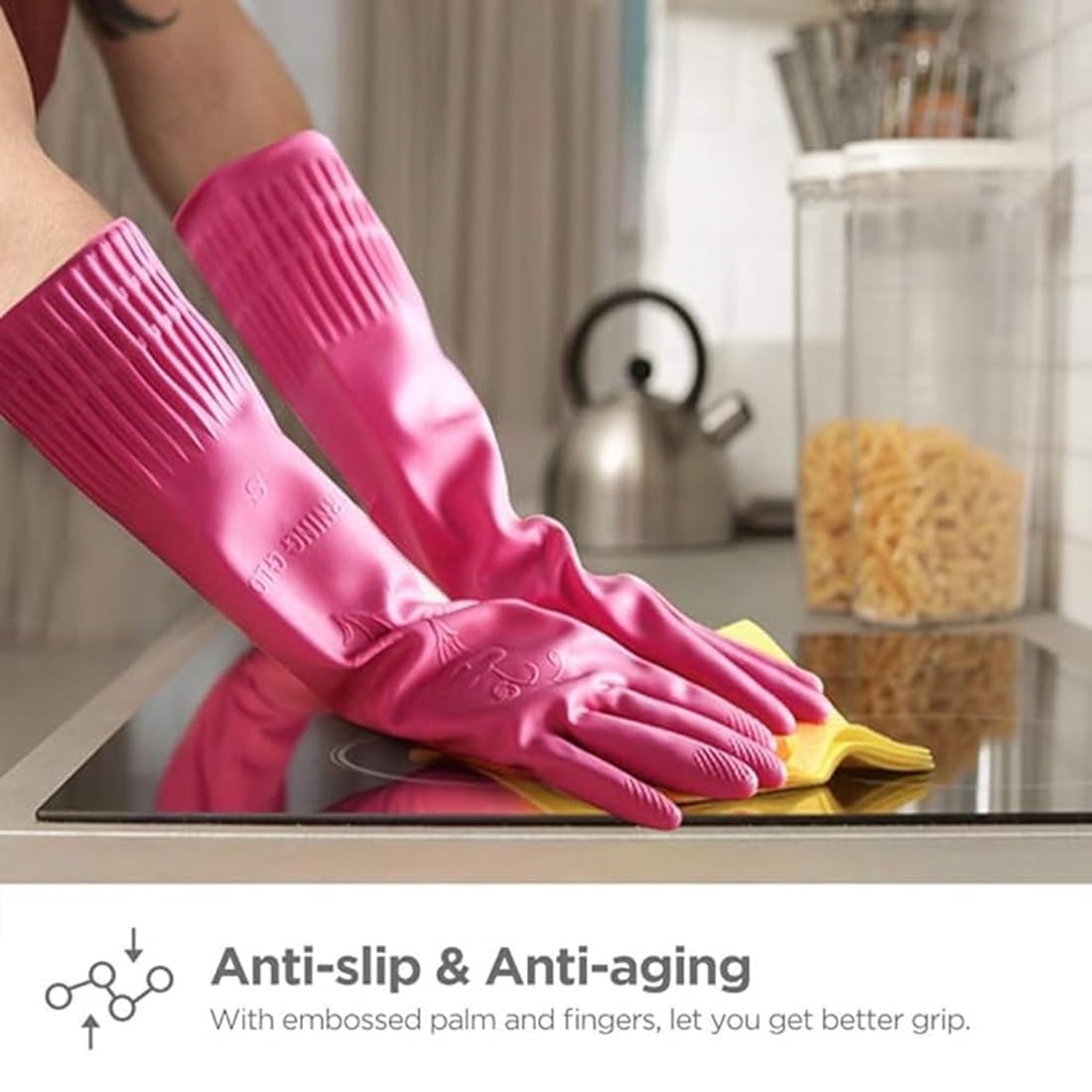 Dishwashing Gloves, Reusable Kitchen,Household and Industrial Cleaning Gloves, Long Sleeve, Thick Latex, Cleaning, Washing, Working, Painting, Gardening Gloves (Pink)
