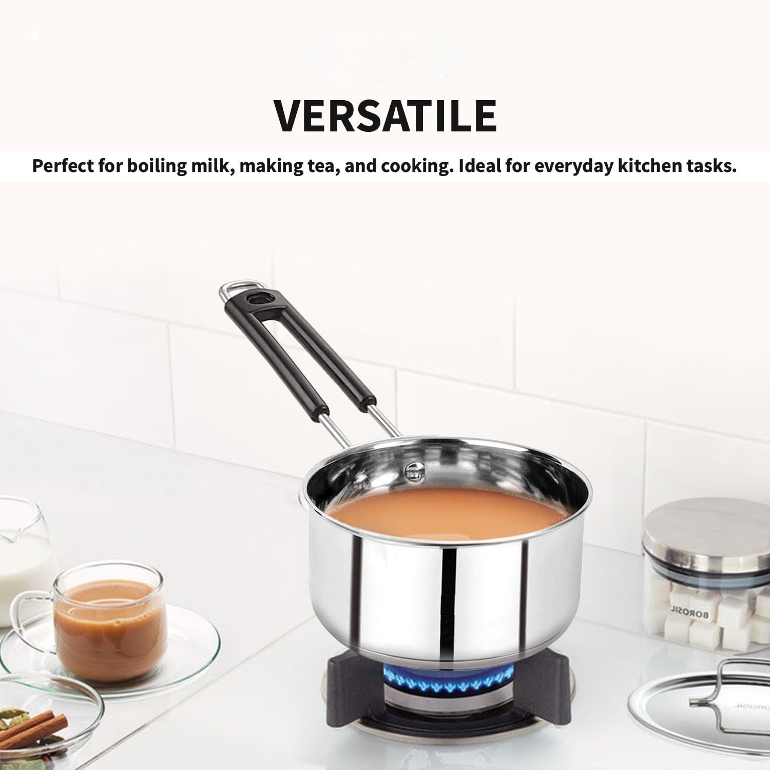 Heavy Gauge Stainless Steel Sauce Pan, Tea Pan, Milk Pan Pot Tapeli Patila Milk Boiler Induction & Gas Compatible Heat-Resistant Bakelite Handle (Silver 2 Litre)