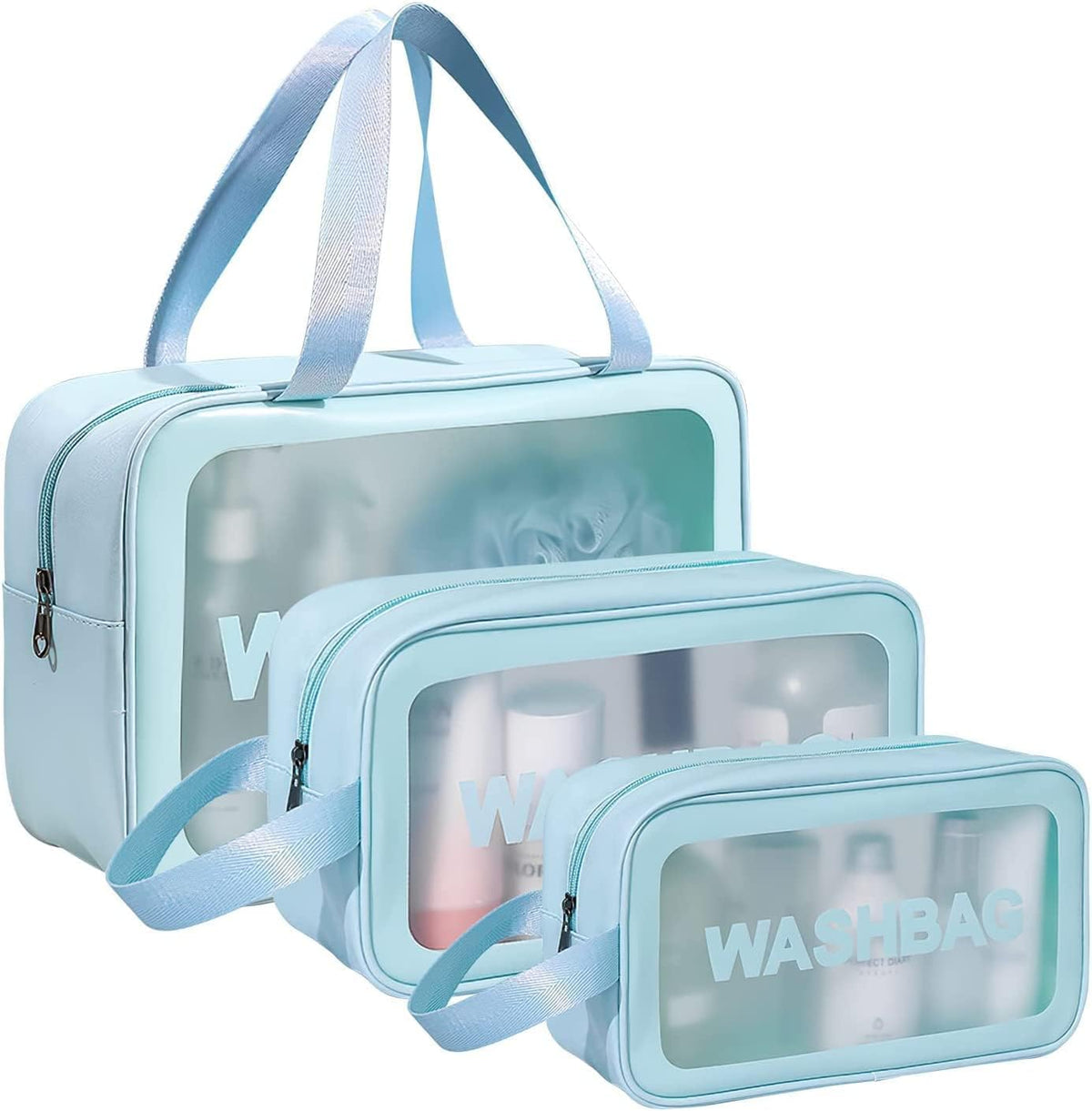 Wash Bag Pouch for Travel Kit Toiletry Bag Cosmetic Bag Make Up Box for Brushes,Accessories with Handle,Large Capacity Translucent Waterproof Travel Storage Organizer Set of 3(Sky Blue)