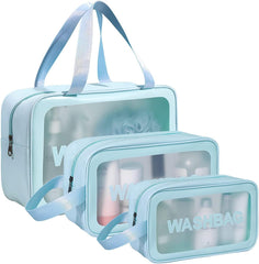 Wash Bag Pouch for Travel Kit Toiletry Bag Cosmetic Bag Make Up Box for Brushes,Accessories with Handle,Large Capacity Translucent Waterproof Travel Storage Organizer Set of 3(Sky Blue)