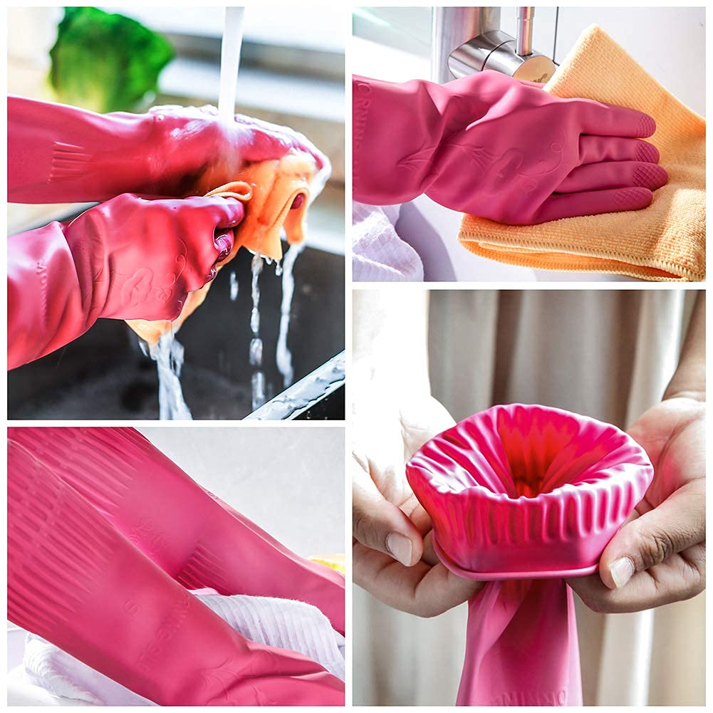 Dishwashing Cleaning Gloves Waterproof Reusable Long Elbow Hand Gloves Latex-Free Household Kitchen Gloves for Laundry, Working, Gardening, Sanitation and Lab Work (Flower Pink)