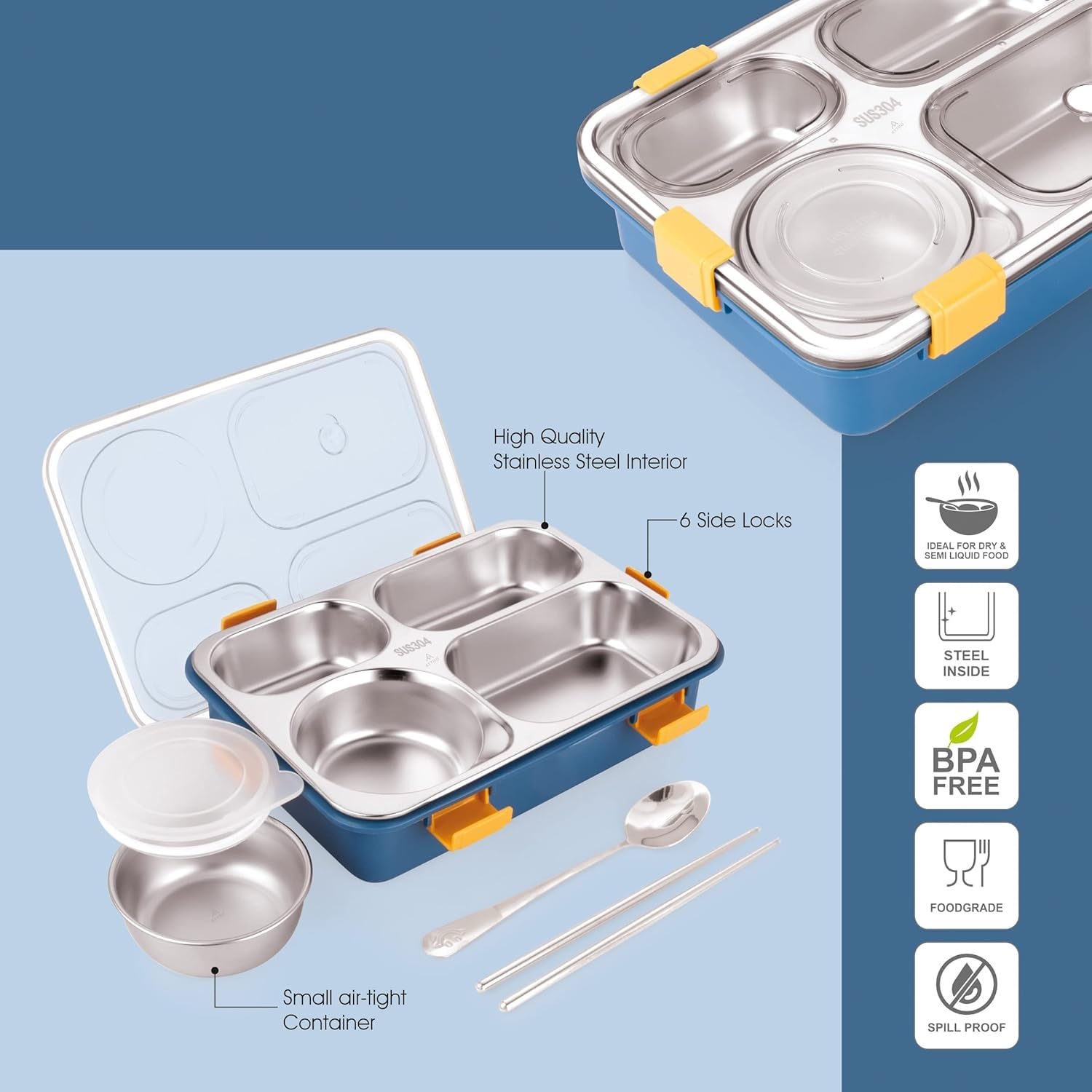 Lunch Box Sealed Leakage Proof Stainless Steel Lunch Box with Fork Chopstick&Spoon Lid Office Food Container for School Kids and Adults 750ml (4 Compartment)