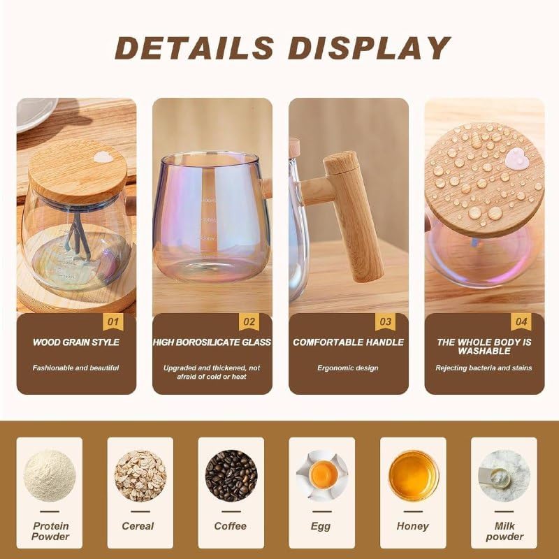 OYZEKX Electric Self-Stirring Coffee Mug Borosilicate Mixing Cup with Lid for Effortless Coffee, Milk, and Protein Powder Mixing at Home, Office, or Travel (400 ml)
