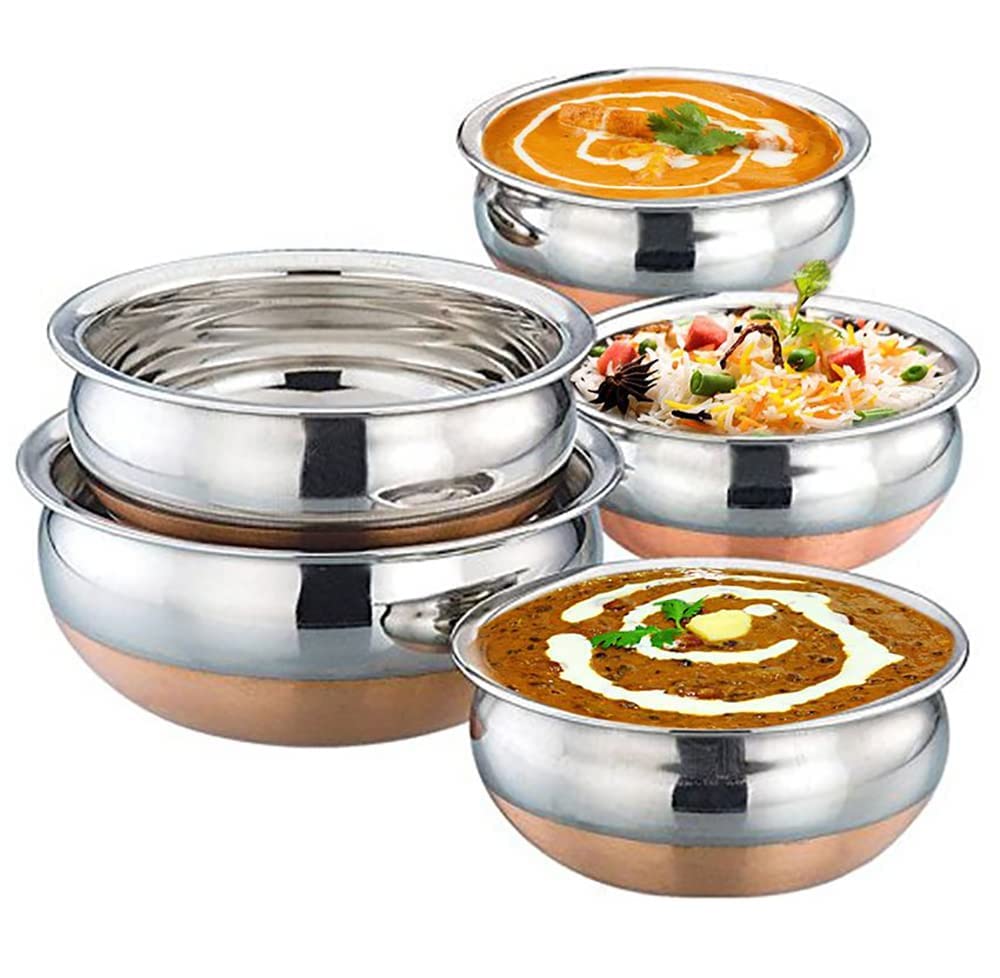 Stainless Steel Copper Bottom Kitchen Serving,Cooking Bowl Handi Set 5-Pieces Biryani Handi,Biryani, Punjabi Pot Pan Combo Handi Set 5 Piece