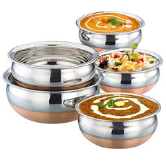 Stainless Steel Copper Bottom Kitchen Serving,Cooking Bowl Handi Set 5-Pieces Biryani Handi,Biryani, Punjabi Pot Pan Combo Handi Set 5 Piece