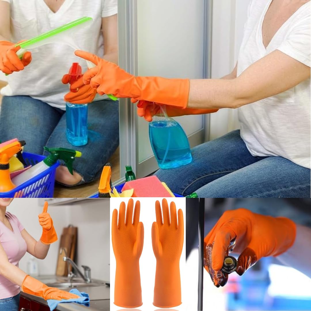 Reusable Rubber Latex PVC Flock lined Long Sleeves elbow length Hand Gloves for Kitchen Dish-Washing, Cleaning, Gardening, Laundry and Sanitation and Lab Work (orange)