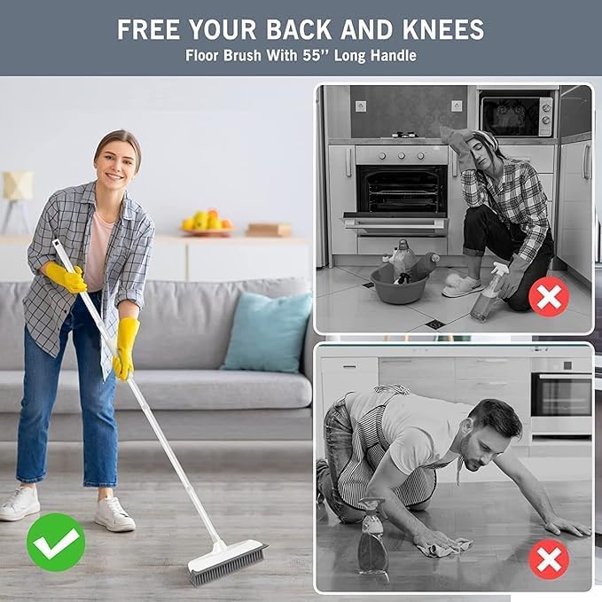 2 in 1 Floor Tiles Cleaning Brush with Wiper 120° Rotating Bathroom Kitchen Household Cleaning Squeegee Mop with Long Handle V-Shape Stiff Bristle Grout Scraper Brush (2 in 1 Brush White)
