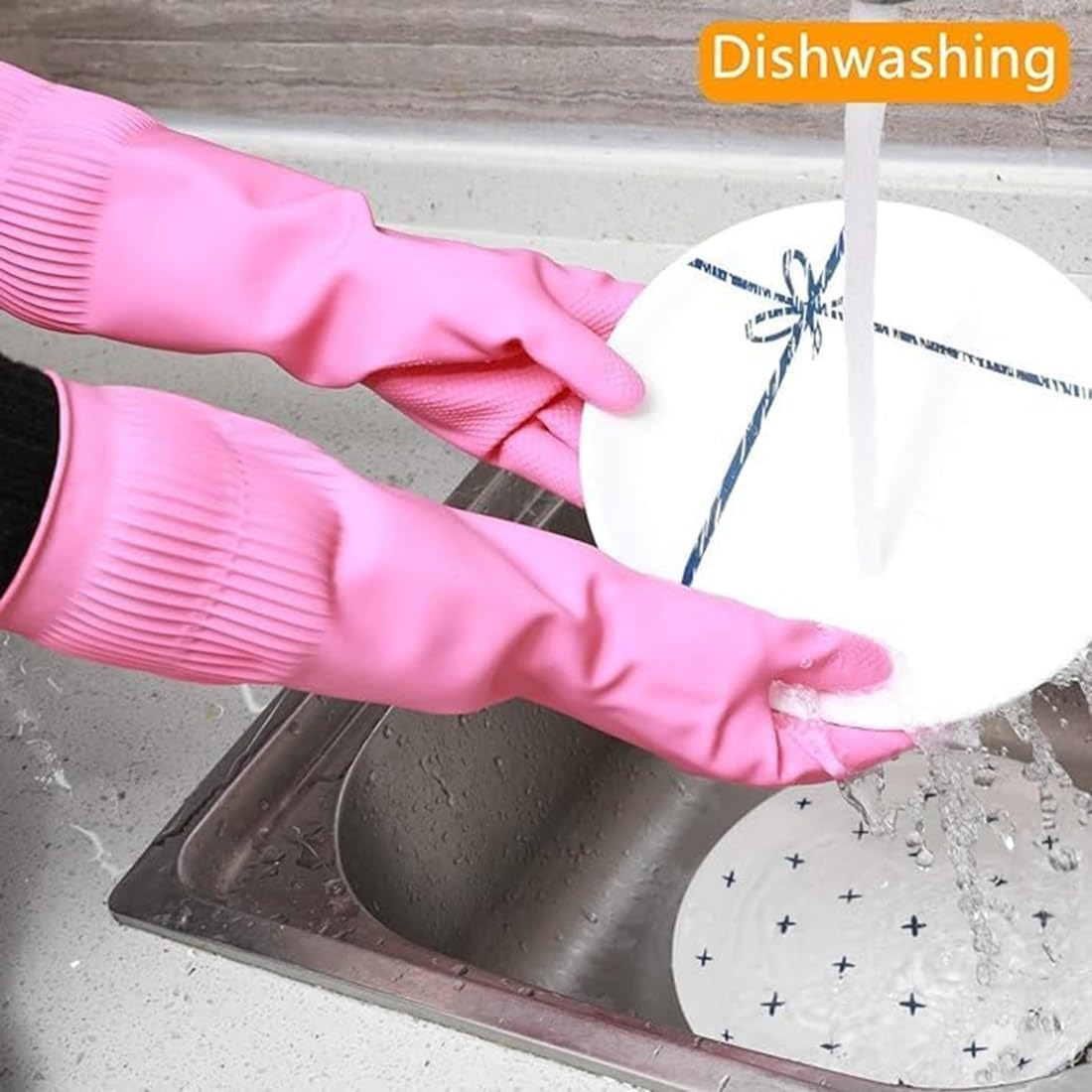 Dishwashing Gloves, Reusable Kitchen,Household and Industrial Cleaning Gloves, Long Sleeve, Thick Latex, Cleaning, Washing, Working, Painting, Gardening Gloves (Pink)