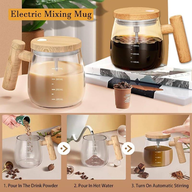OYZEKX Electric Self-Stirring Coffee Mug Borosilicate Mixing Cup with Lid for Effortless Coffee, Milk, and Protein Powder Mixing at Home, Office, or Travel (400 ml)