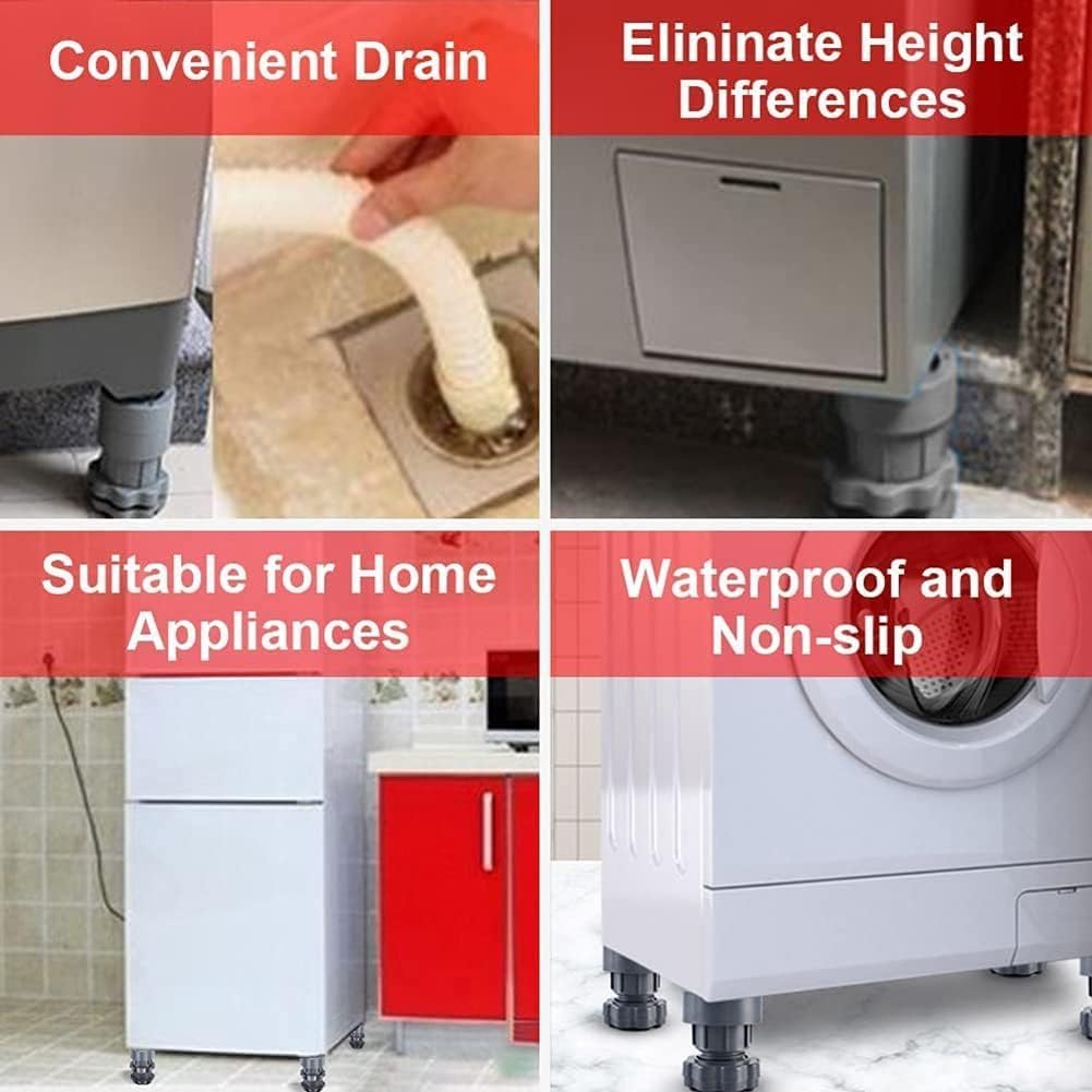 Washing Machine Vibration Pads, Floor Trays, Refrigerator Stand, Washing Machine Stand,Height Adjustment Feet for Refrigerators, Fridge Stands with Anti-Slip Rubber (4 Pcs Set) (Grey-Rubber)