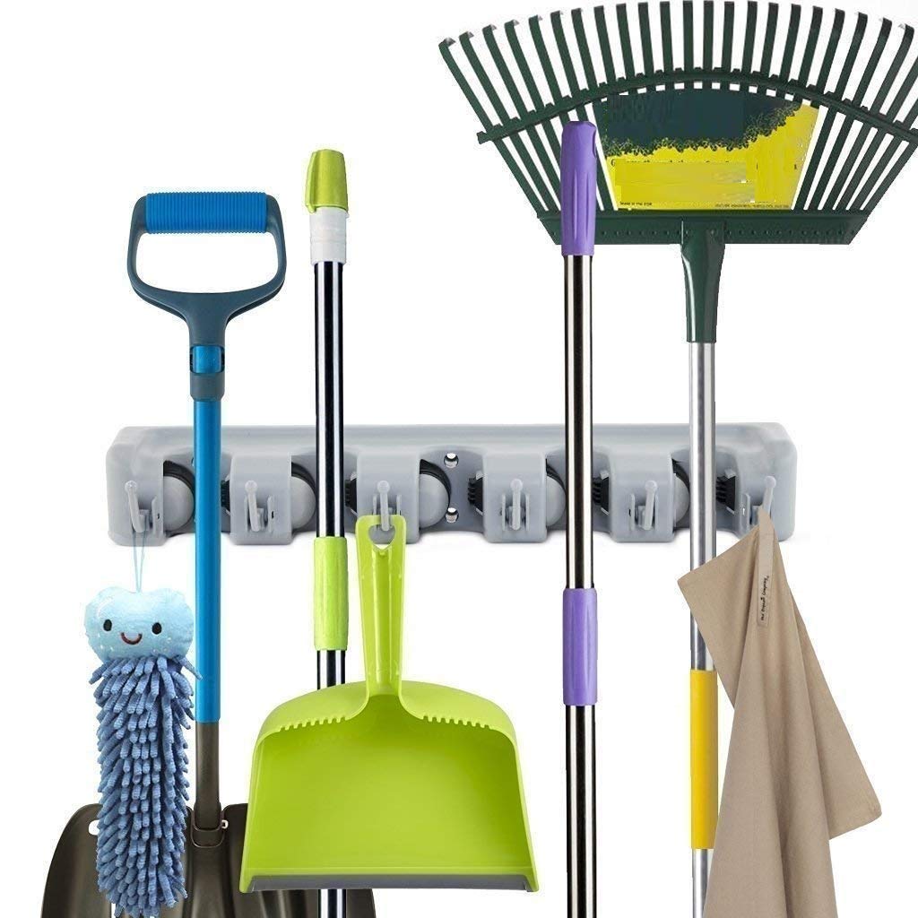 polypropylene broom holder wall mounted, jhadu mop and stick holder wall mount hanger stand storage organizer, broomstick, brooms, mops organizers for home, bathroom (5 Slot 6 Hooks)- Gray