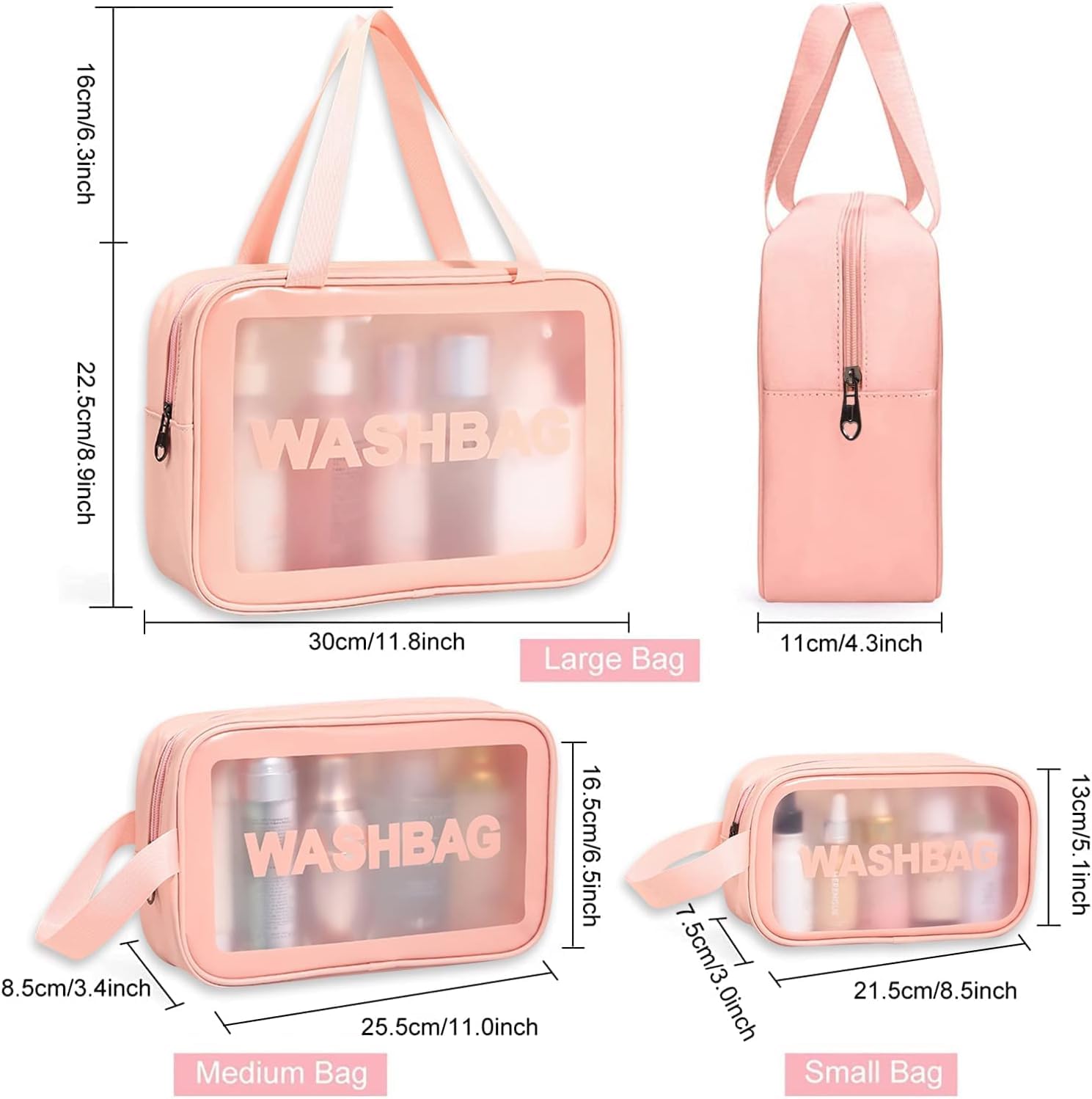 Wash Bag Pouch for Travel Kit Toiletry Bag Cosmetic Bag Make Up Box for Brushes, Accessories with Handle, Large Capacity Translucent Waterproof Travel Storage Organizer Set of 3 (Pink)