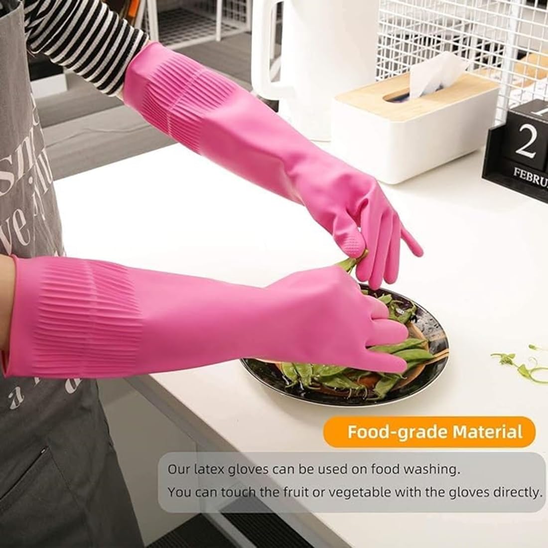 Dishwashing Gloves, Reusable Kitchen,Household and Industrial Cleaning Gloves, Long Sleeve, Thick Latex, Cleaning, Washing, Working, Painting, Gardening Gloves (Pink)