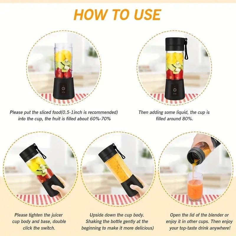 Blender For Smoothie And Juices & Protein Shakes | 6 Blade Usb Rechargeable Fruit Juicer for Gym, Office, School, Outdoor, Picnic, Travel | built-in Jar (Black)
