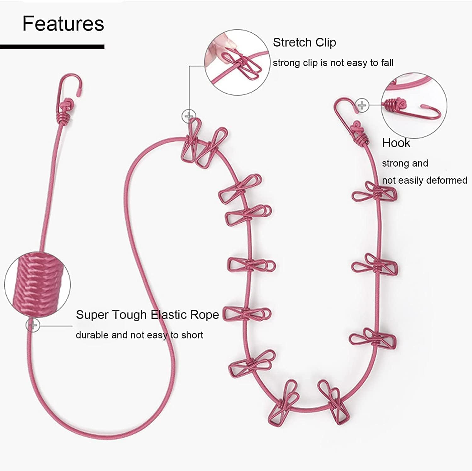 Portable Travel Clothesline, Adjustable Elastic Camping Windproof Retractable Clothes line with 12 PCS Clothespins for Outdoor and Indoor Use (1 PC)