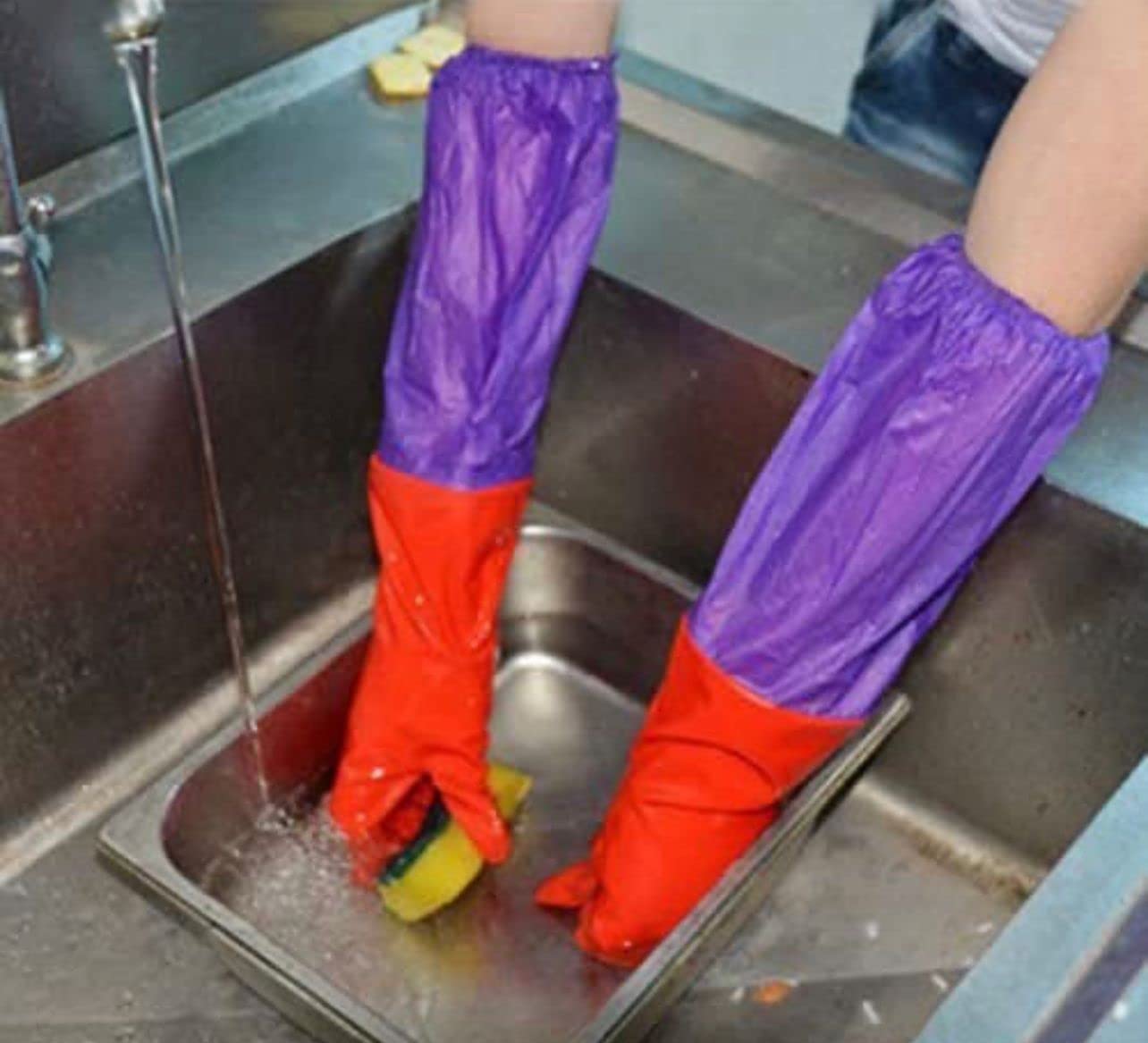 Reusable Rubber Latex PVC Flock lined Long Sleeves elbow length Hand Gloves for Kitchen Dish-Washing, Cleaning, Gardening, Laundry and Sanitation and Lab Work ( Red Long Elbow)