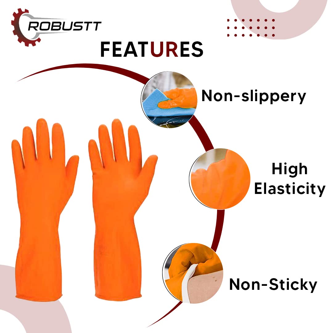 Rubber Cleaning Gloves | Reusable Gloves for Cleaning | Chemicals & Detergents Resistant | Pack of (1) |Heavy Duty Hand Gloves |Hand Gloves for Dish Washing, Gardening & Cleaning (Orange)