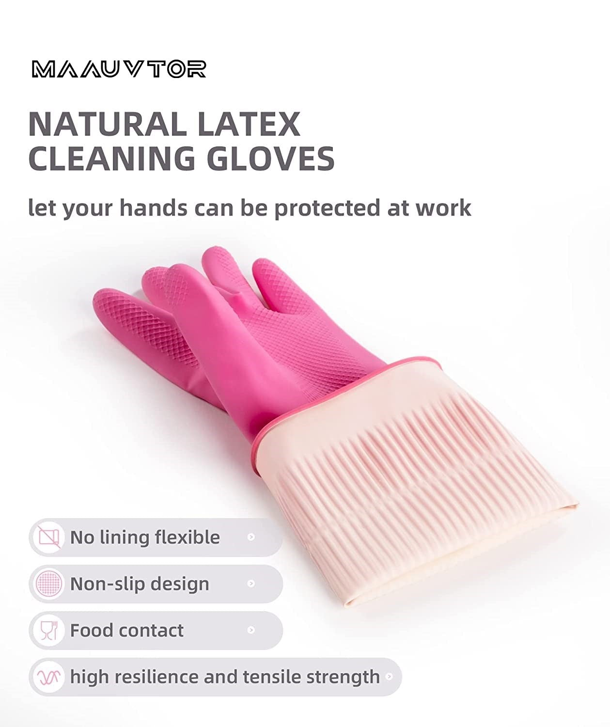Dishwashing Cleaning Gloves Waterproof Reusable Long Elbow Hand Gloves Latex-Free Household Kitchen Gloves for Laundry, Working, Gardening, Sanitation and Lab Work (Flower Pink)
